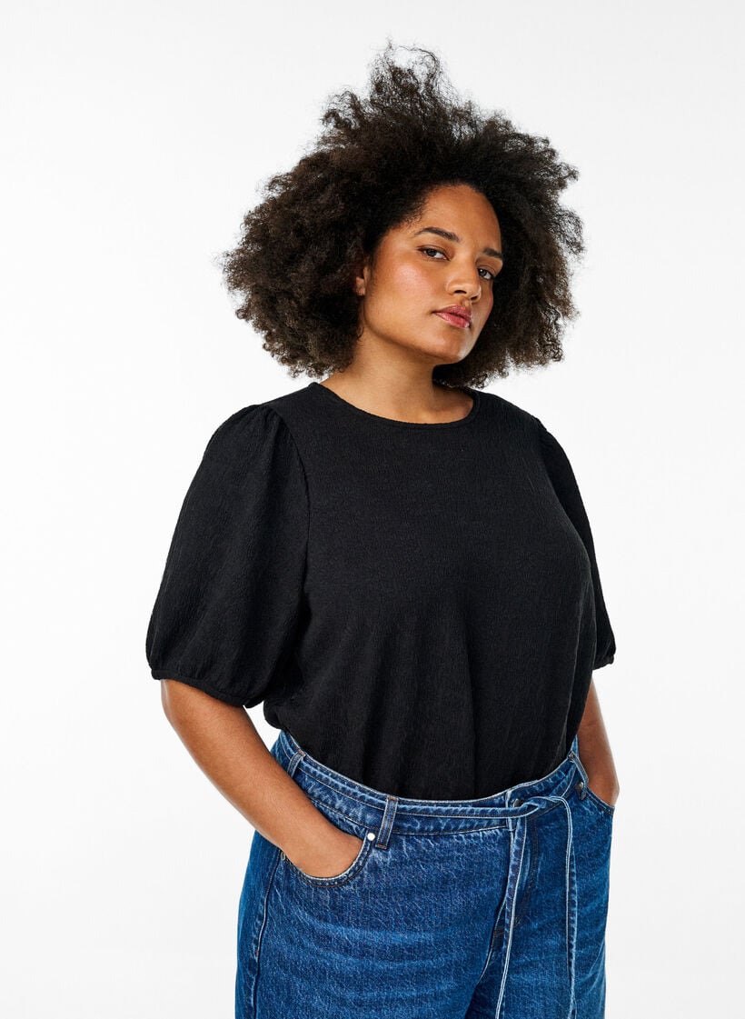 Strukturoitu lyhythihainen pusero, Musta, Model image number 0