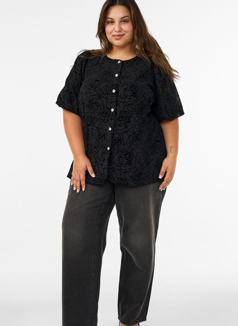 Pusero kukkakuviolla ja pallohihoilla, Musta, Model image number 1