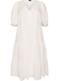 Strukturoitu puuvillainen midimekko virkkausdetaljeilla, Valkoinen