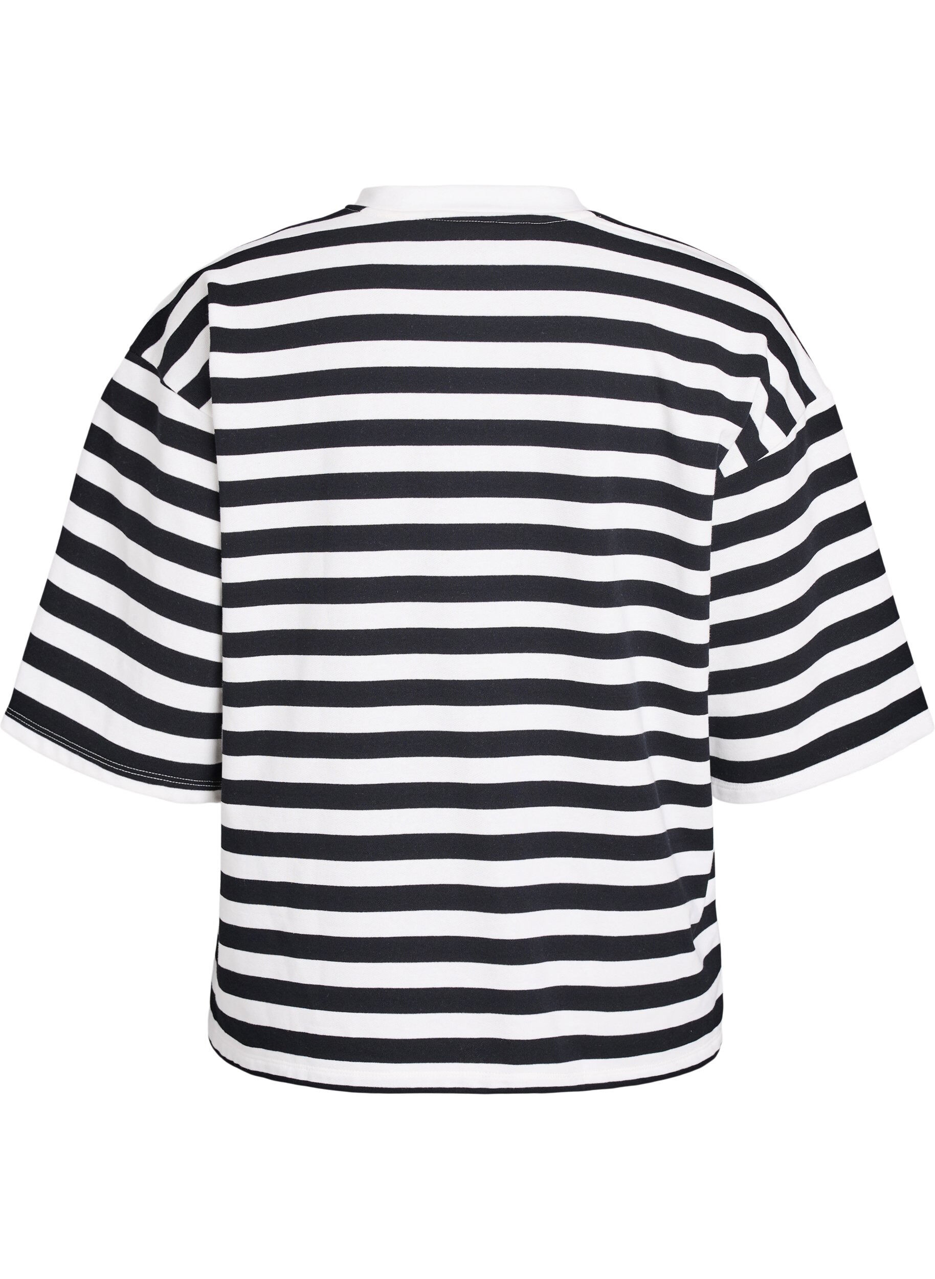 Zizzi Raidallinen pusero, jossa on 3/4 hihat ja napitus, Musta, Packshot image number 1