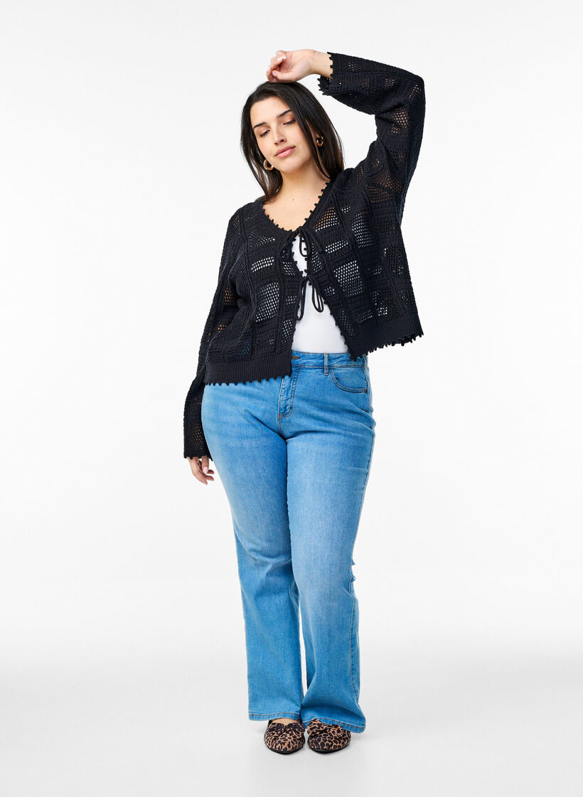 Neuletakki, jossa solmittavat nauhat ja pitsikuviointi, Musta, Model image number 1