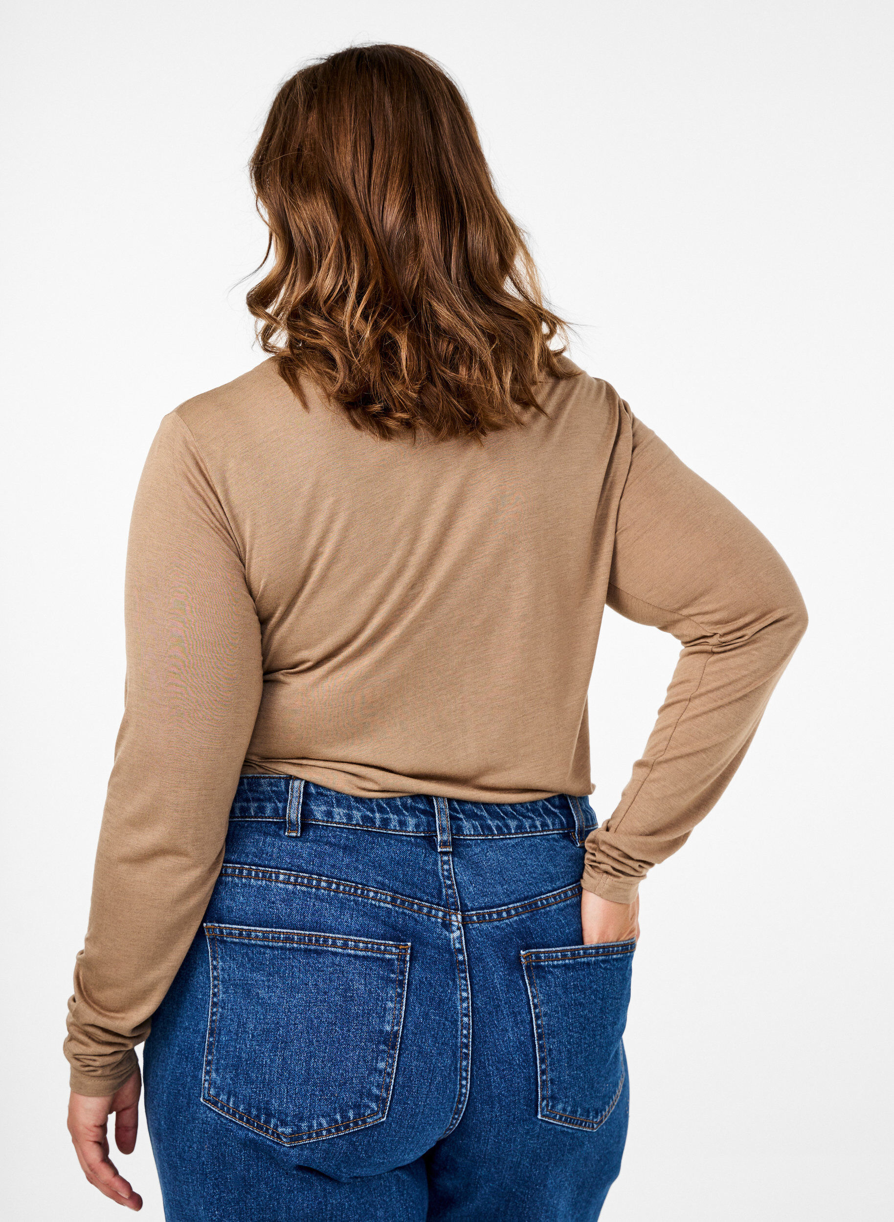 ZizziPitk&auml;hihainen pusero villasta ja viskoosista, Ruskea, Model image number 2