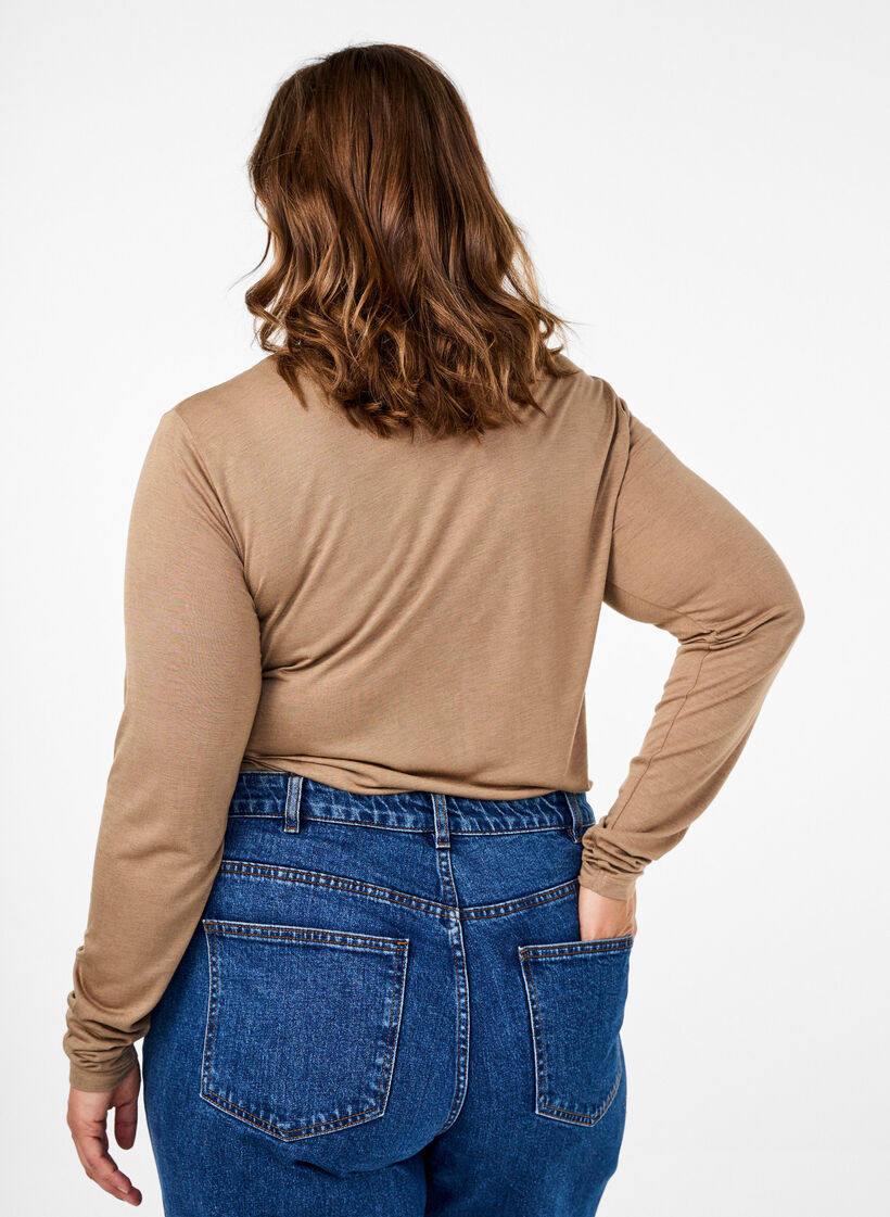Pitk&auml;hihainen pusero villasta ja viskoosista, Ruskea, Model image number 2