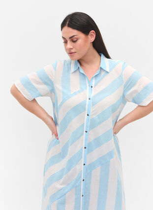 Lyhythihainen puuvillainen paitamekko raidoilla, Blue Bell Stripe, Model image number 1