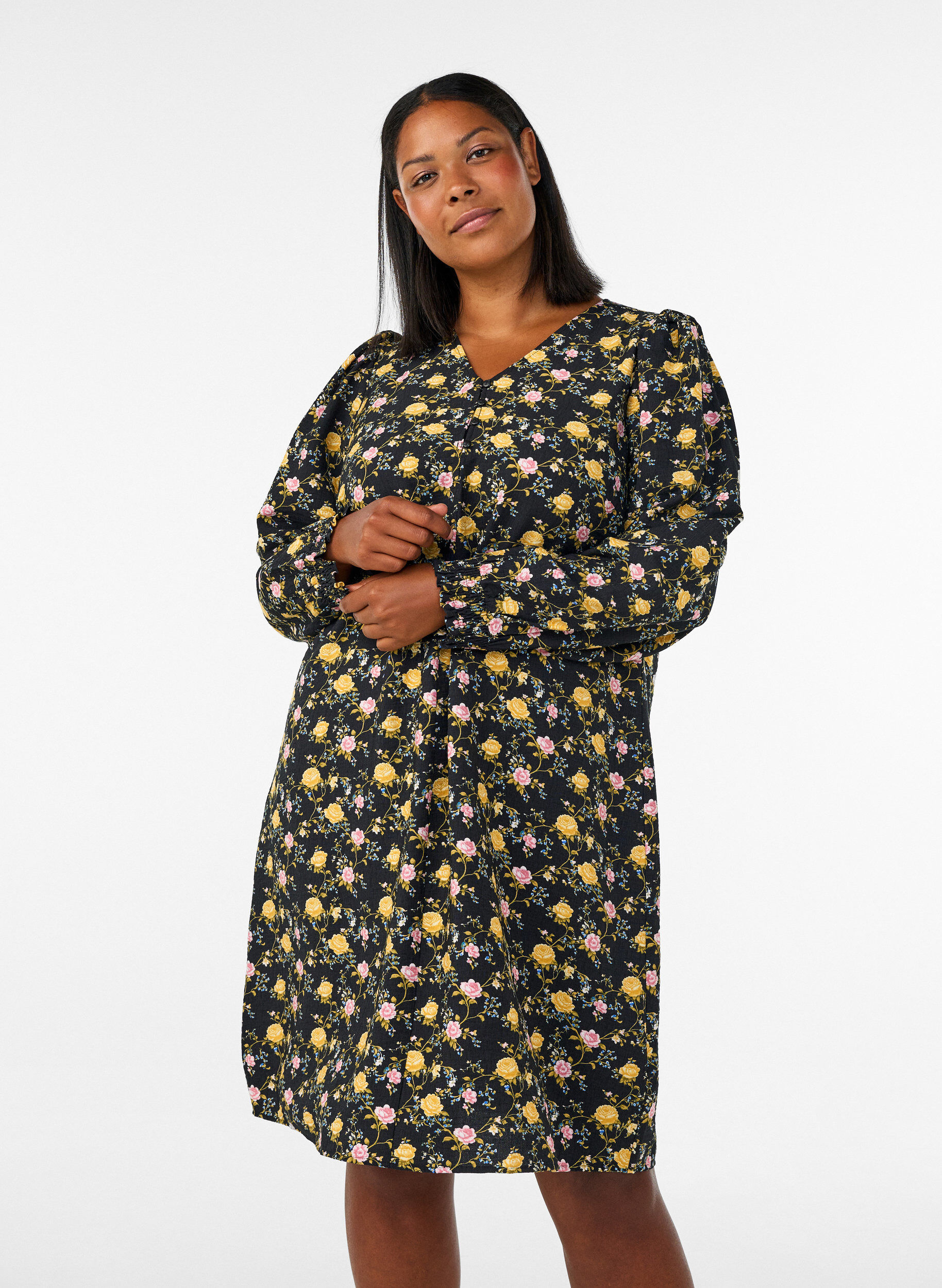 ZizziKuvioitu viskoosimekko pitkill&auml; hihoilla, Musta, Model image number 0