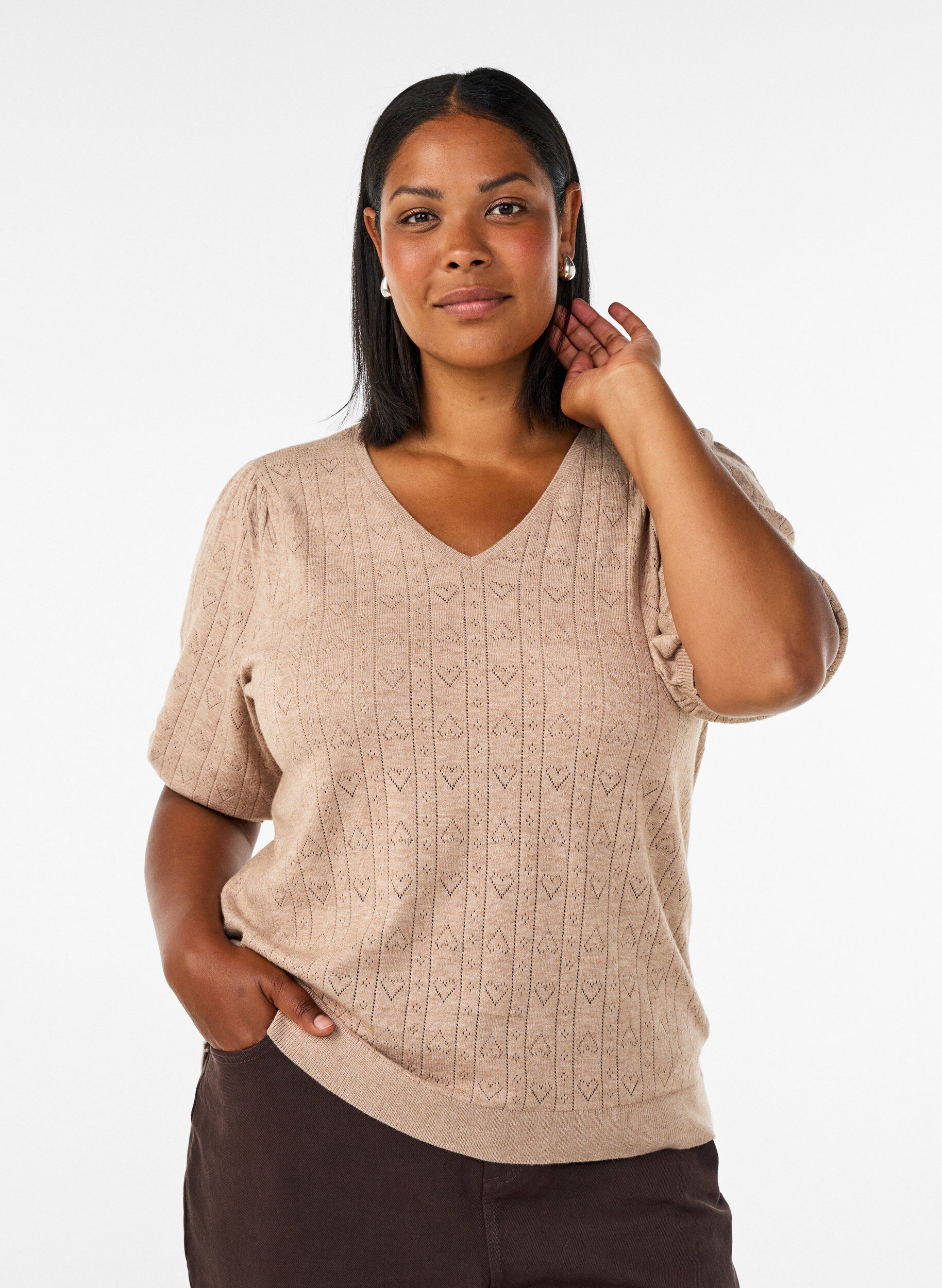ZizziLyhythihainen neulepusero pointelle-kuviolla, Beige, Model image number 0
