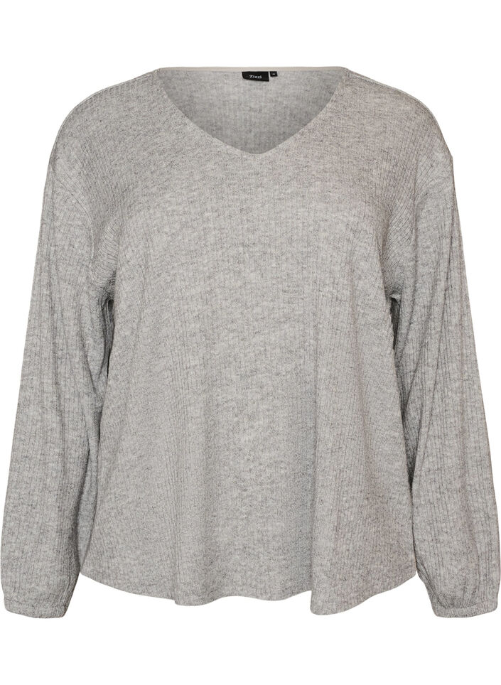 Jersey-pusero ribatulla tekstuurilla ja V-p&auml;&auml;ntiell&auml;, Harmaa, Packshot image number 0
