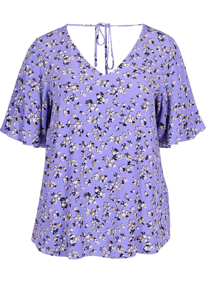 Kukallinen viskoosipusero  nyöriyksityiskohdalla, Lilac Flower Print, Packshot image number 0