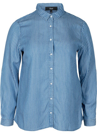 Raidallinen paita lyocellistä, Blue denim, Packshot image number 0