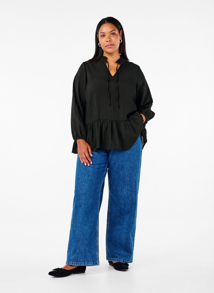 Pitkähihainen peplum-pusero, Musta, Model image number 1