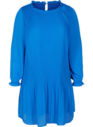 Pitkähihainen pliseerattu mekko röyhelöllä, Dazzling Blue, Packshot image number 0