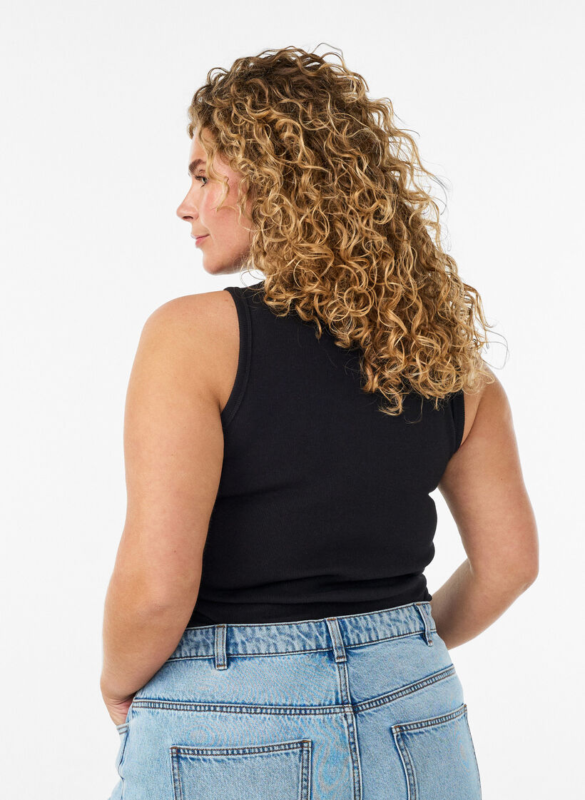 Puuvillainen ribattu toppi korkealla kauluksella, Musta, Model image number 2