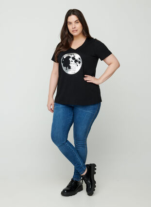 Puuvillainen t-paita paljeteilla, Black, Model image number 2