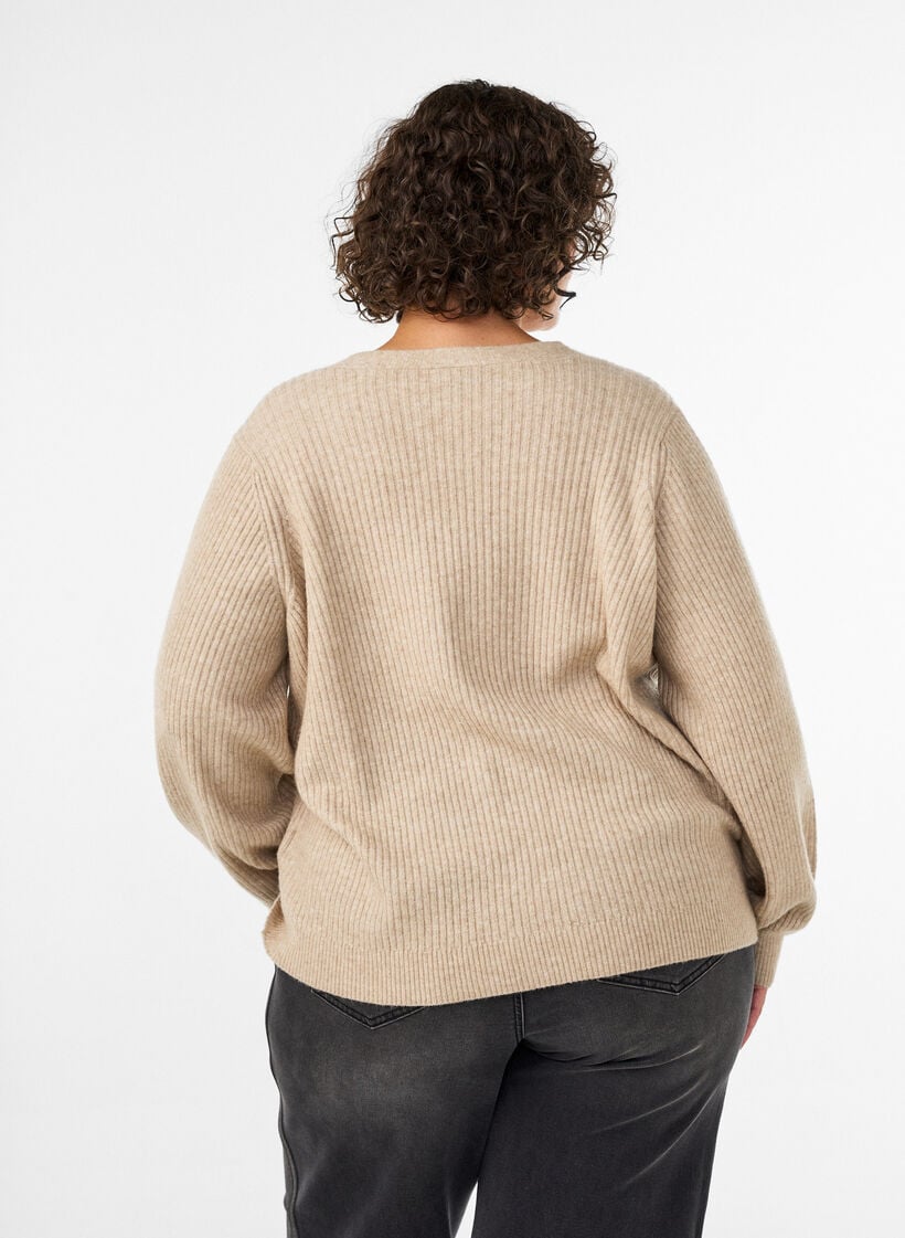 Neuletakki V-p&auml;&auml;ntiell&auml; ja ribatulla tekstuurilla, Beige, Model image number 2