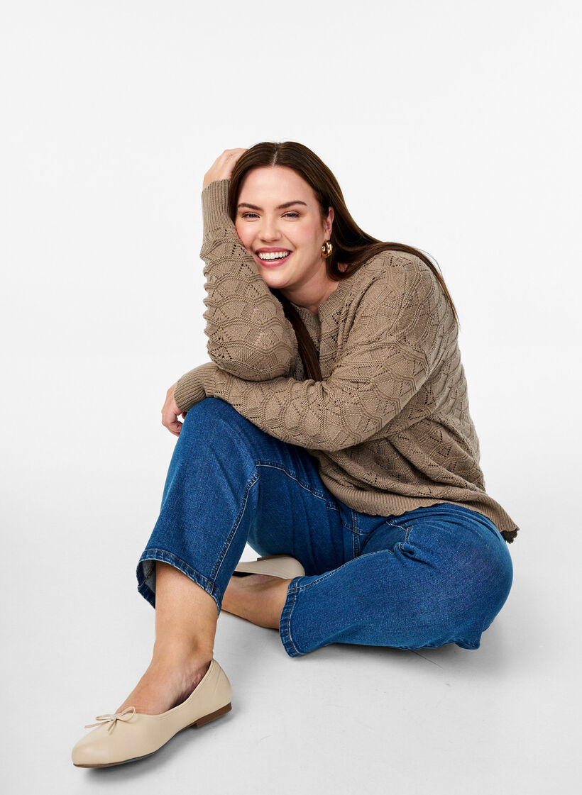 Pitkähihainen neulepusero avokuvioinnilla, Desert Taupe, Image image number 0