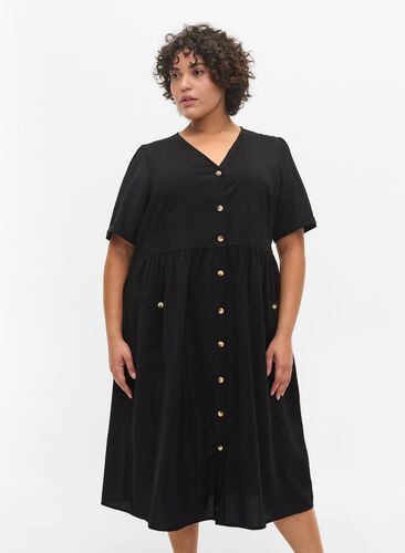 Lyhythihainen mekko napeilla ja taskuilla, Black, Model image number 0
