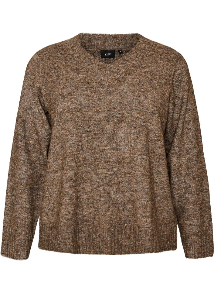 V-aukkoinen neule, Ruskea, Packshot image number 0
