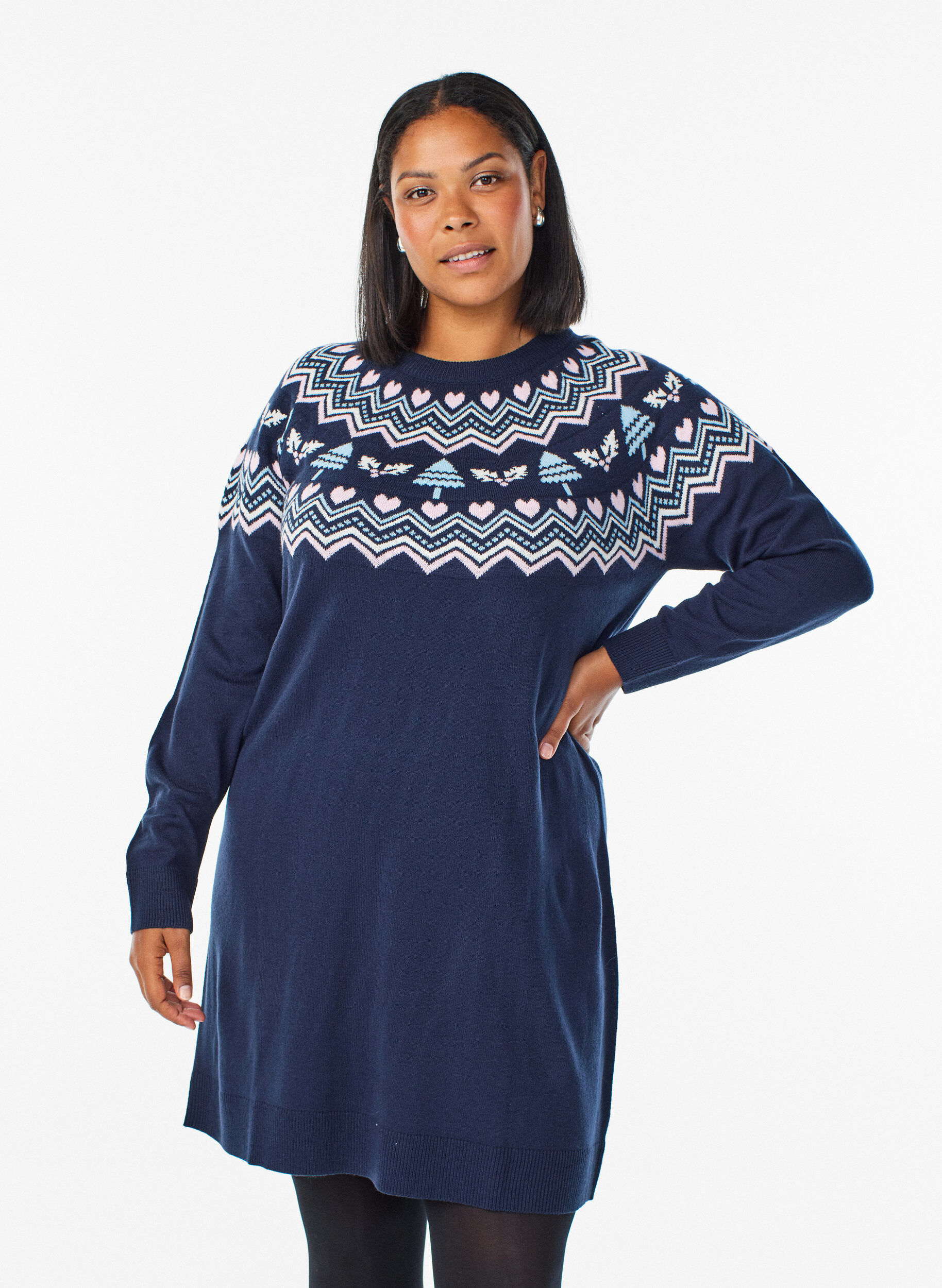 Lyhyt neulemekko jacquard-kuviolla ja jouluisilla kuvioilla, Sininen, Model