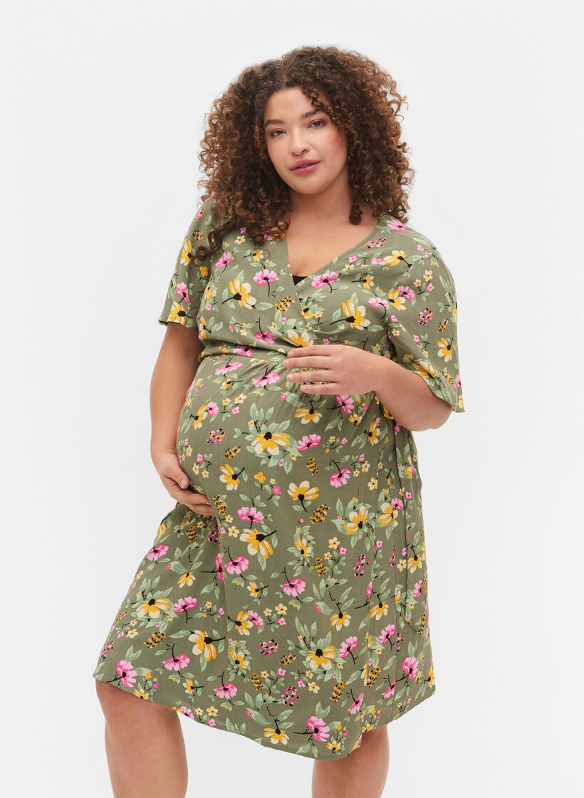 Kietaisumallinen äitiysmekko viskoosia, Green Flower Print, Model image number 0