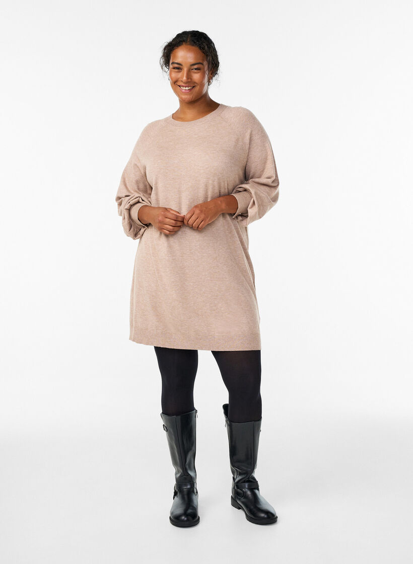 Lyhyt neulottu mekko raglanhihoilla, Beige, Model image number 1
