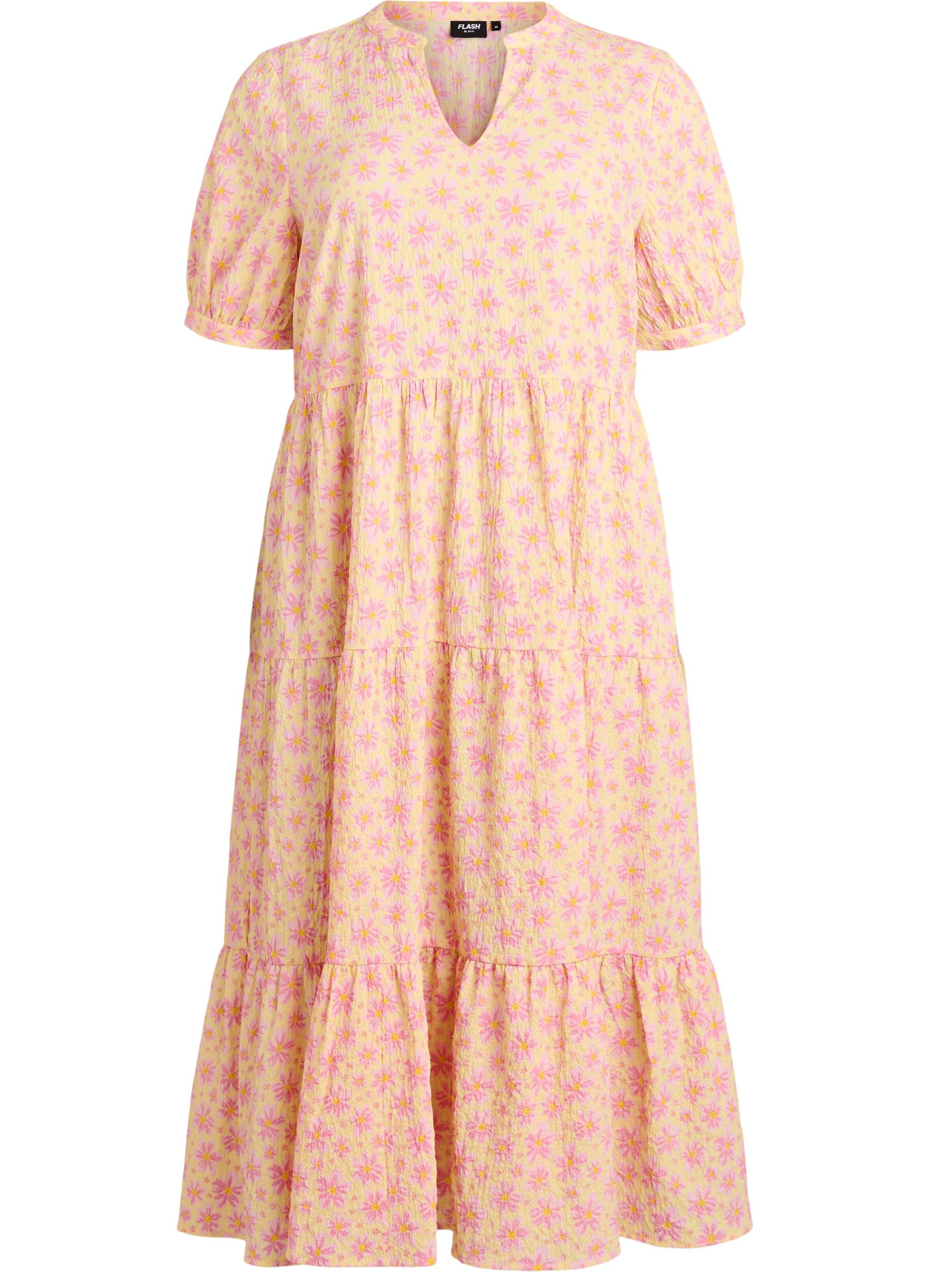 ZizziNilkkapituinen mekko lyhyill&auml; hihoilla ja kerroksellisilla r&ouml;yhel&ouml;ill&auml;, Keltainen, Packshot image number 0