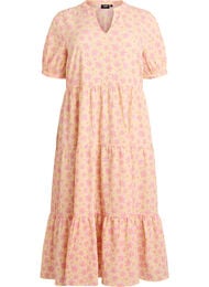 Nilkkapituinen mekko lyhyill&auml; hihoilla ja kerroksellisilla r&ouml;yhel&ouml;ill&auml;, Keltainen