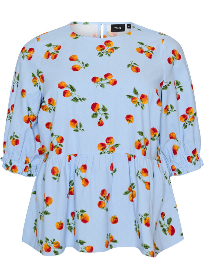 Puuvillapusero tomaattiprintill&auml; ja peplum-helmalla, Sininen, Packshot image number 0