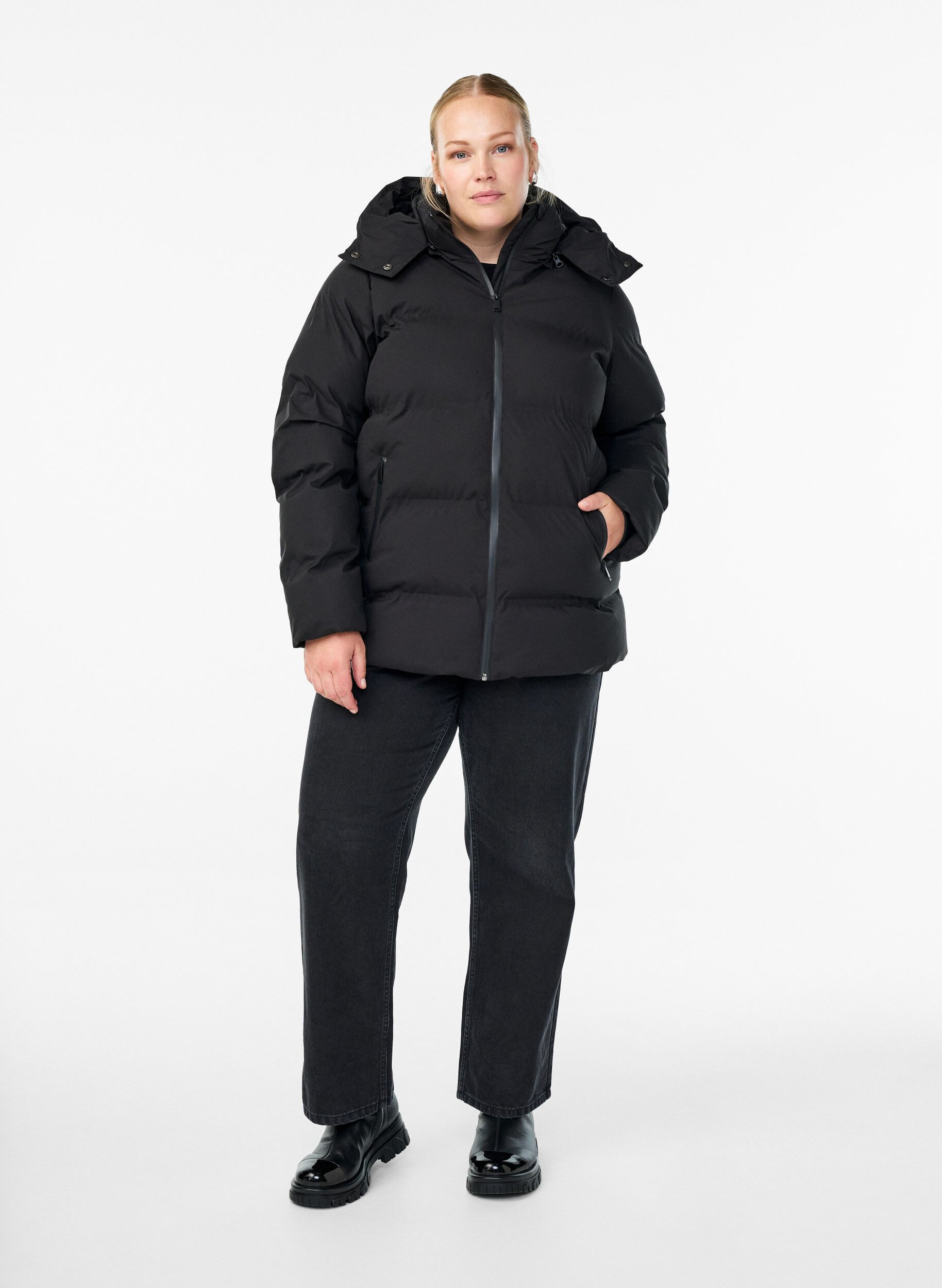 ZizziLyhyt toppatakki irrotettavalla hupulla, Musta, Model image number 1