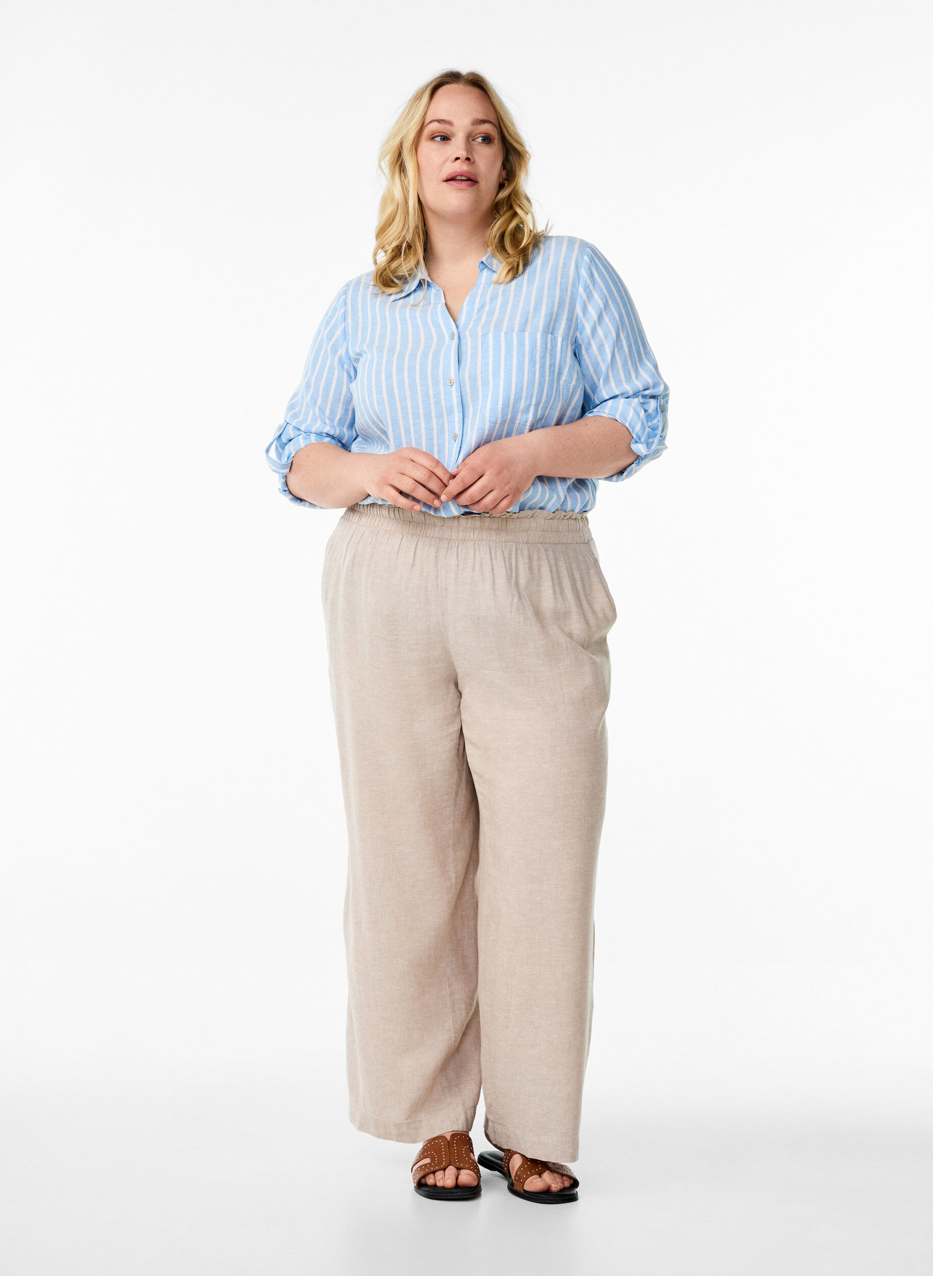 ZizziPaita pellavaa ja viskoosia, 3/4-hihoilla, Sininen, Model image number 1