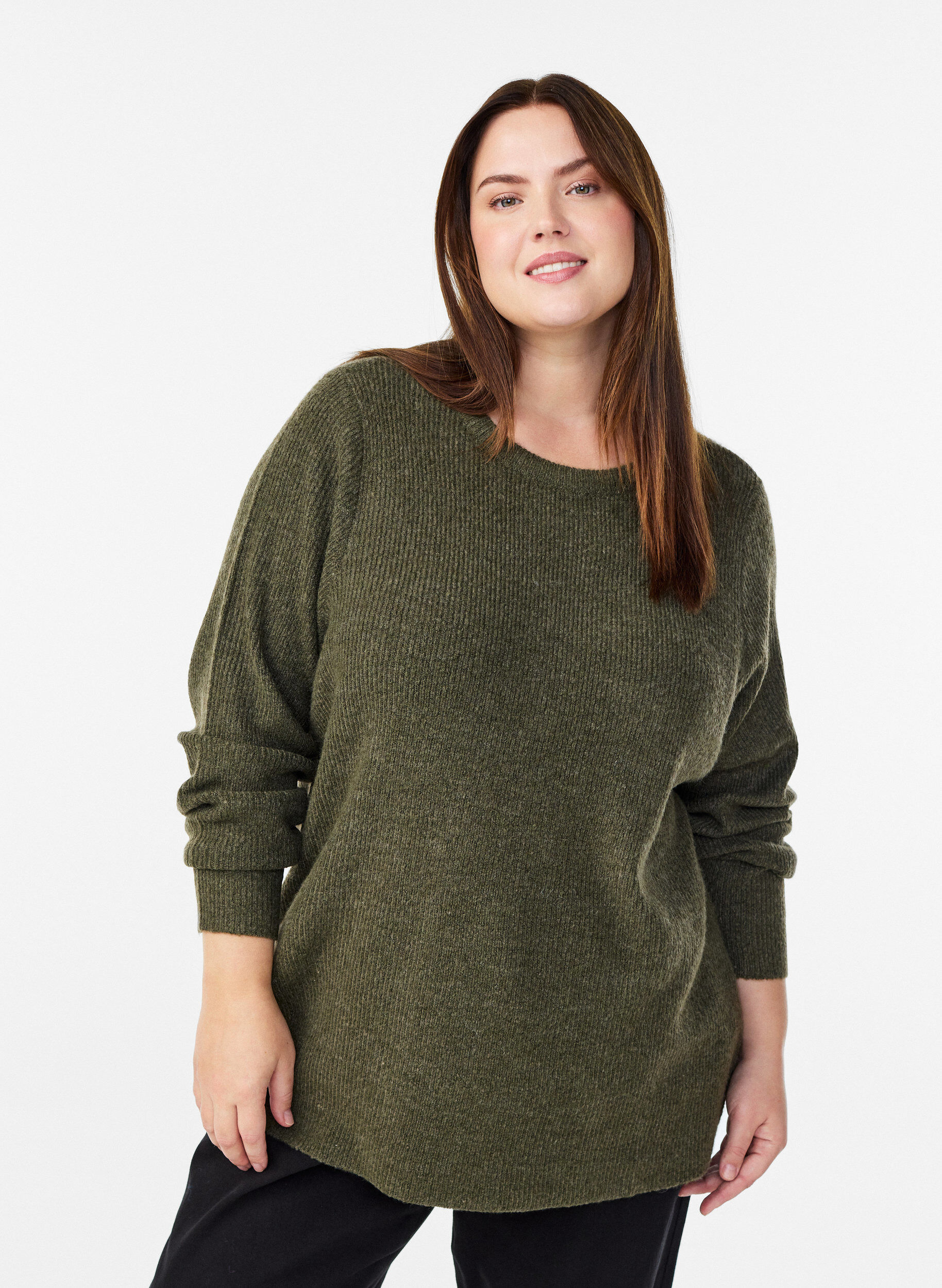 Melange-neulepusero py&ouml;re&auml;ll&auml; p&auml;&auml;ntiell&auml;, Vihre&auml;, Model