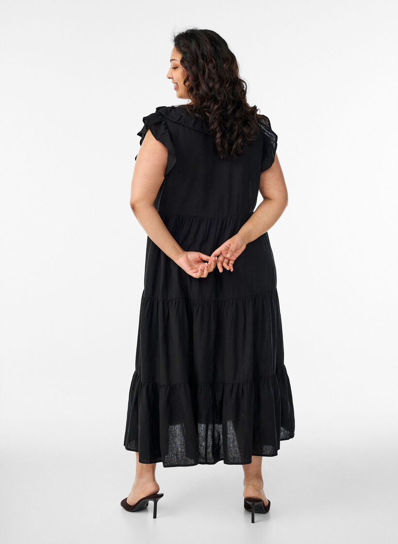 Hihaton midimekko pellava-viskoosista r&ouml;yhel&ouml;ill&auml;, Musta, Model image number 1