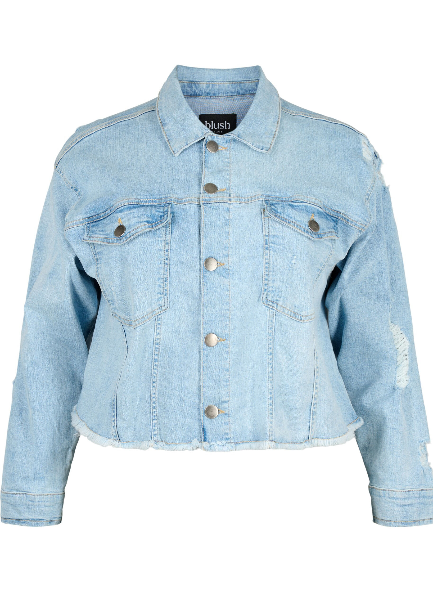 Zizzi Lyhyt farkkutakki, jossa on kulutettuja yksityiskohtia, Light Blue Denim, Packshot image number 0