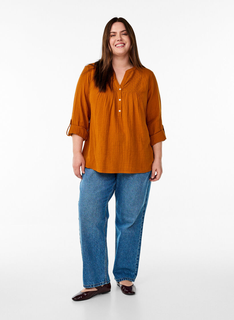 Paita puuvillamusliinissa, jossa broderie anglaise -kirjailu, Oranssi, Model image number 1