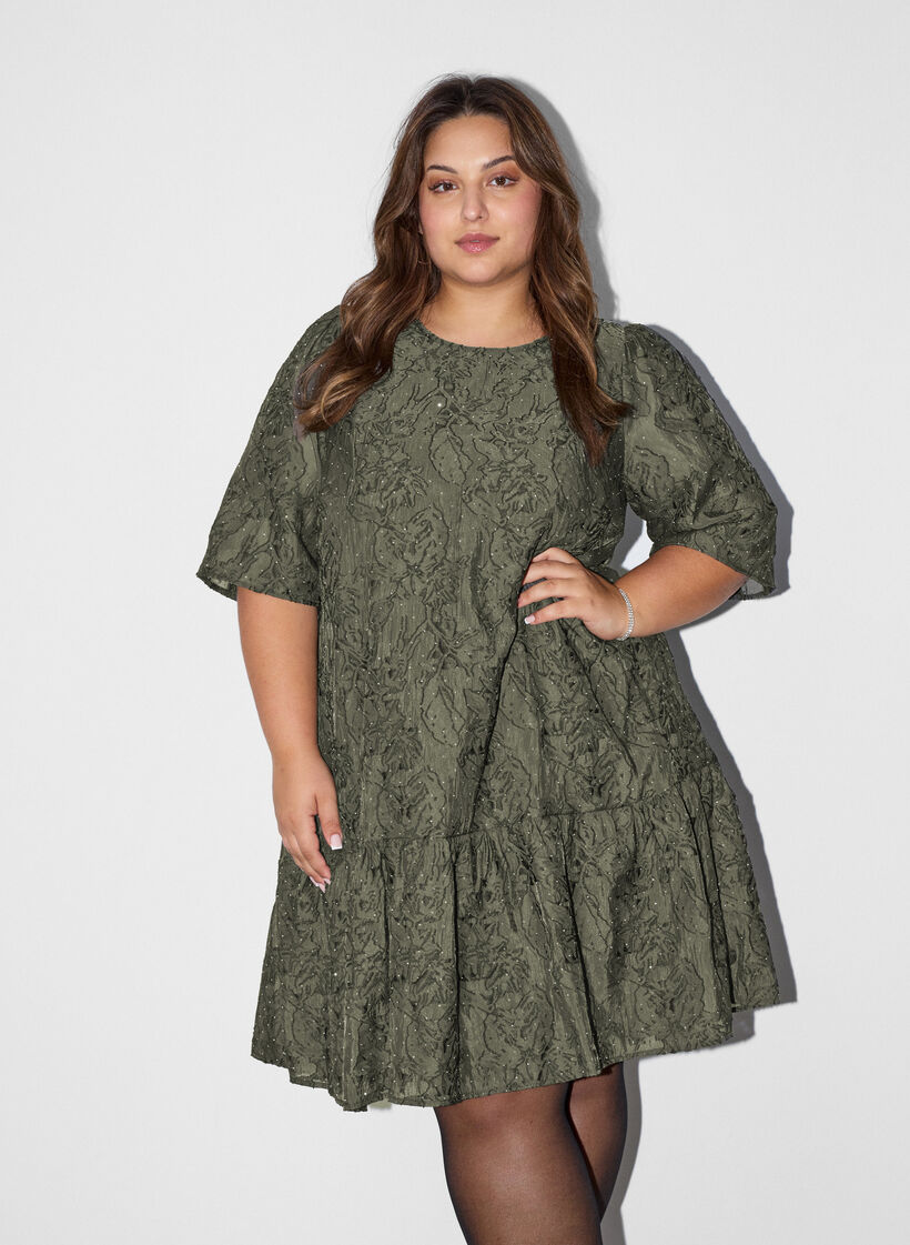 Jacquard-mekko kimaltelevilla yksityiskohdilla ja pussihihoilla, Vihre&auml;, Model image number 0