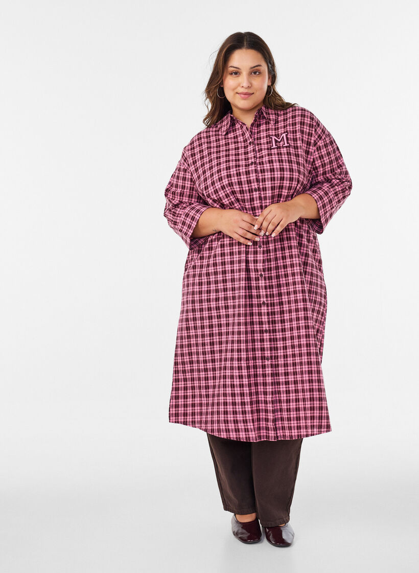 Pitk&auml;hk&ouml; ruudullinen paita 3/4-hihoilla, Vaaleanpunainen, Model image number 0