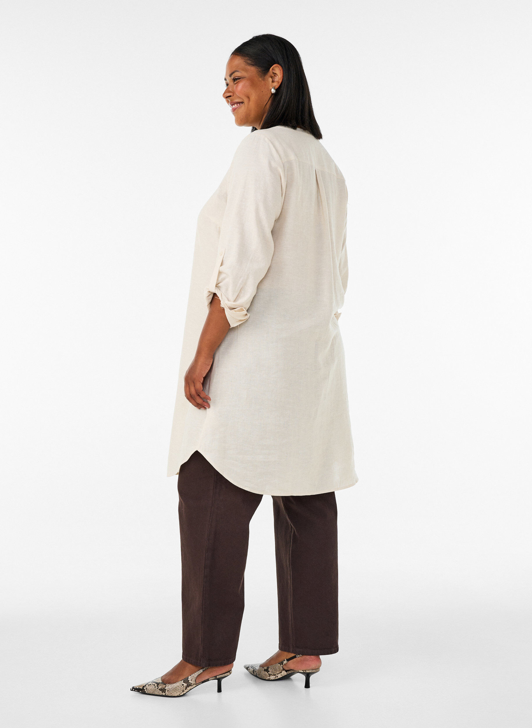ZizziPitk&auml; paita pellavasta ja viskoosista, Beige, Model image number 2