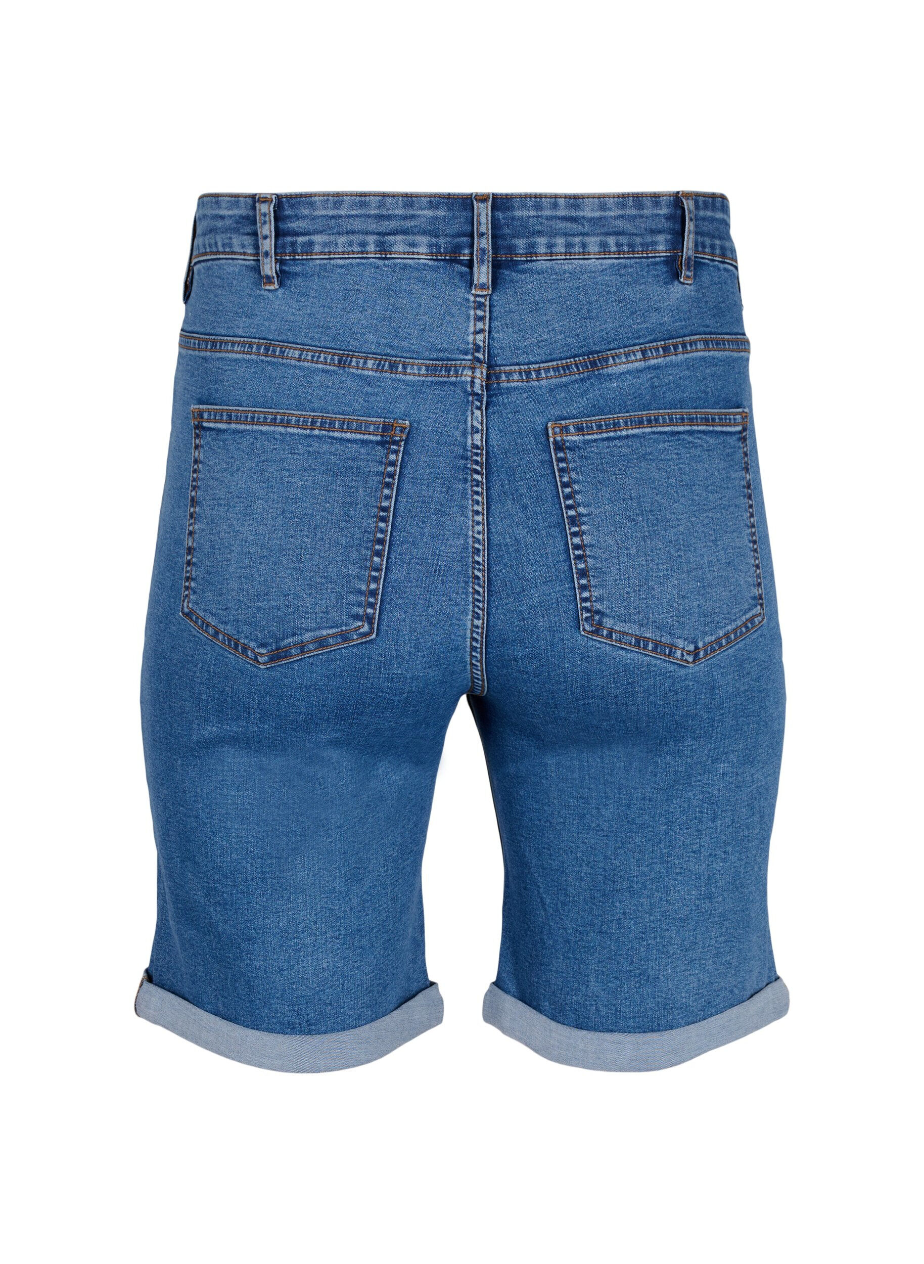 Zizzi Tyk&ouml;istuvat farkkushortsit korkealla vy&ouml;t&auml;r&ouml;ll&auml;., Blue Denim, Packshot image number 1