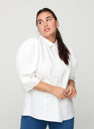 Puuvillainen paita 3/4-pituisilla puhvihihoilla, Bright White, Model image number 0