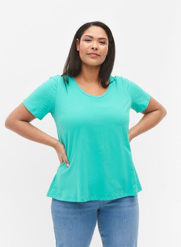 Yksivärinen perus t-paita puuvillasta, Aqua Green, Model image number 0
