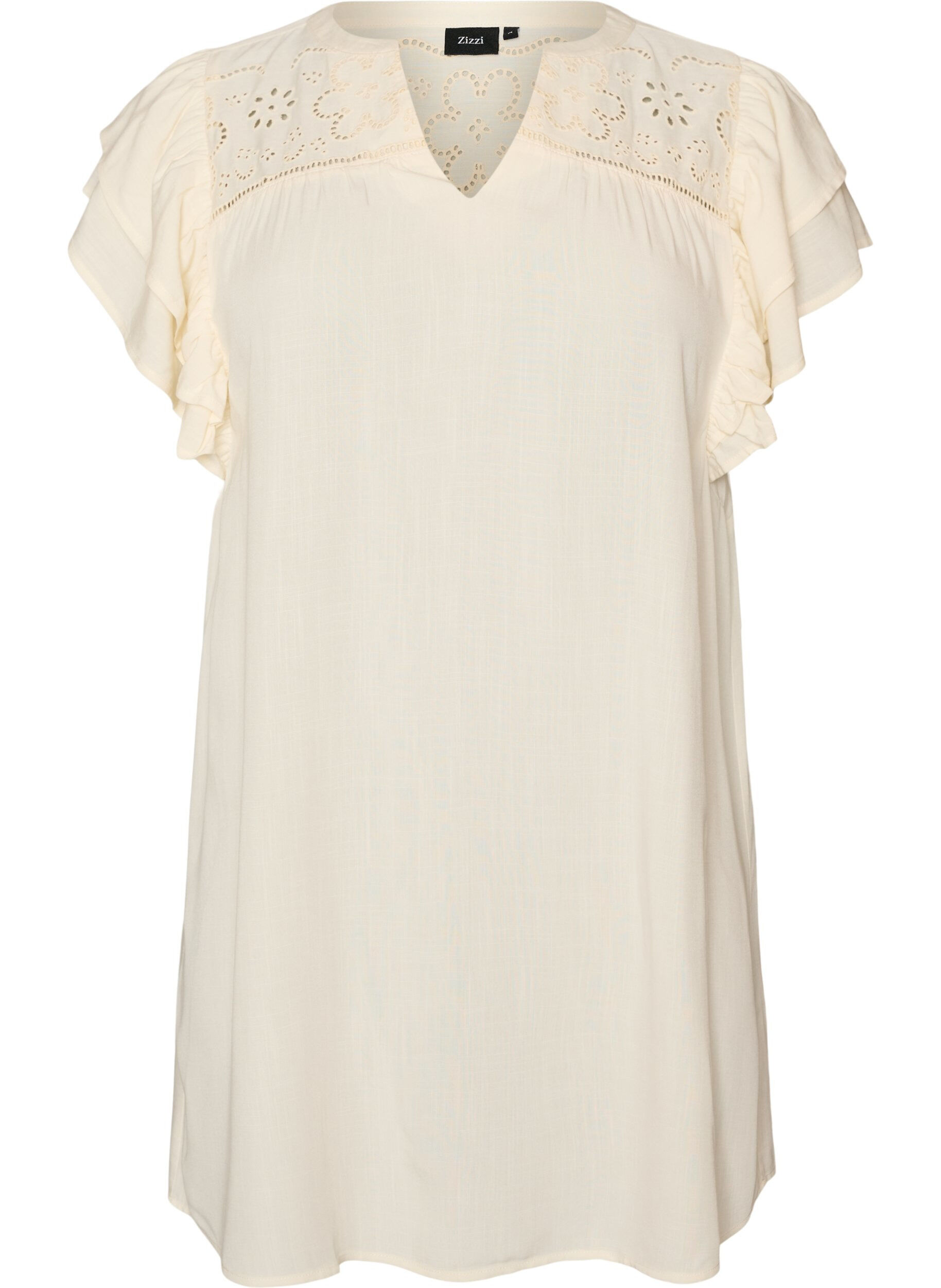 ZizziTunika broderi anglaise -koristeella ja r&ouml;yhel&ouml;hihoilla, Beige, Packshot image number 0