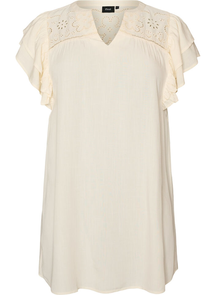 Tunika broderi anglaise -koristeella ja r&ouml;yhel&ouml;hihoilla, Beige, Packshot image number 0