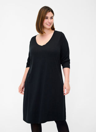 Yksinkertainen mekko v-aukolla ja pitkillä hihoilla, Black, Model image number 0