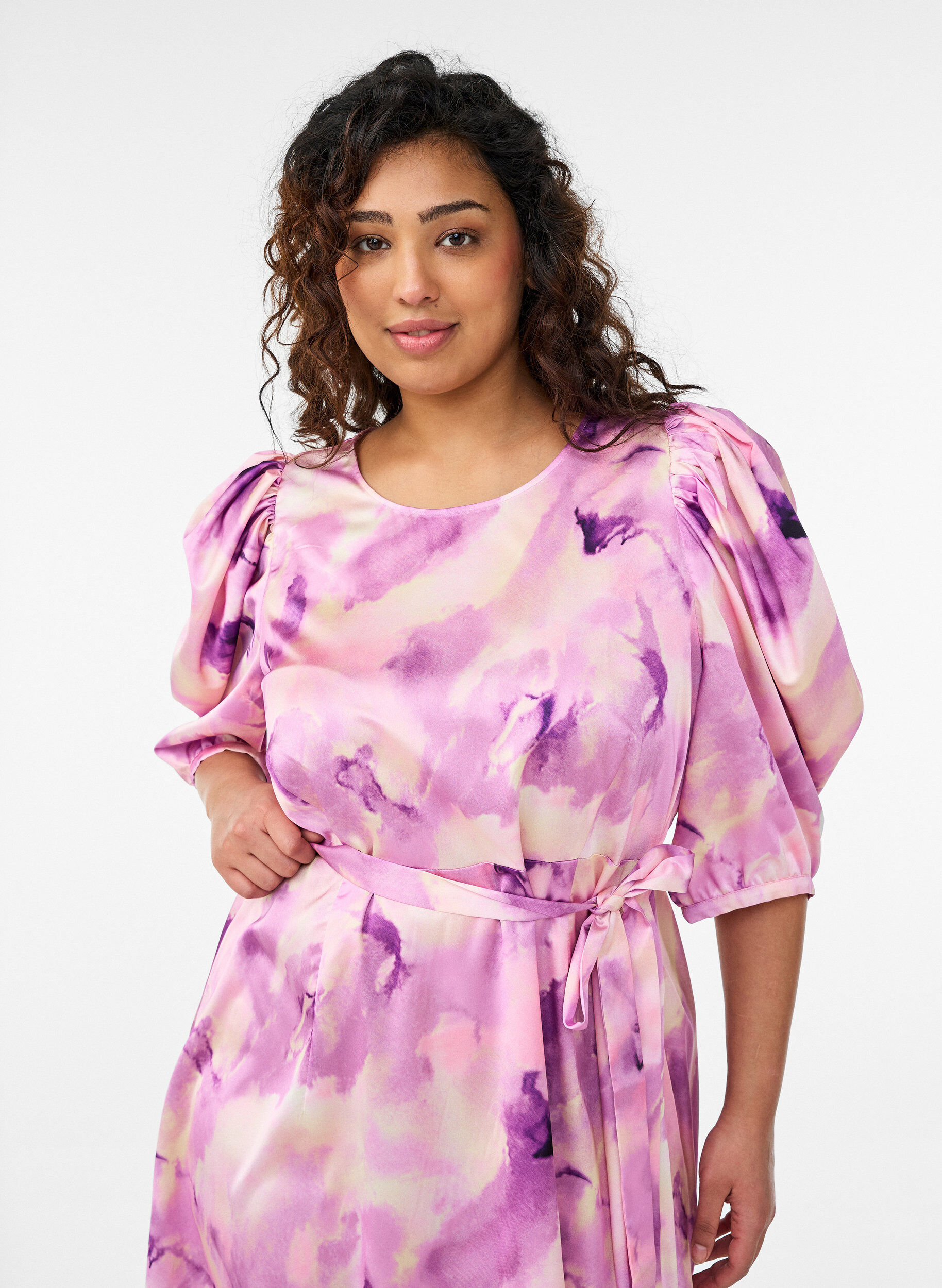 Zizzi Lyhythihainen juhlamekko vy&ouml;nauhalla, Violetti, Model image number 2