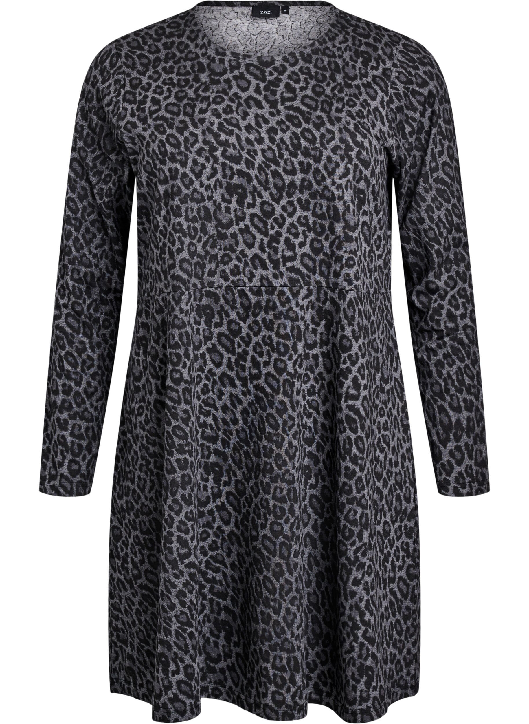 Zizzi Pitk&auml;hihainen mekko py&ouml;re&auml;ll&auml; p&auml;&auml;ntiell&auml; ja leopardikuosilla, Dark Grey Leo, Packshot image number 0