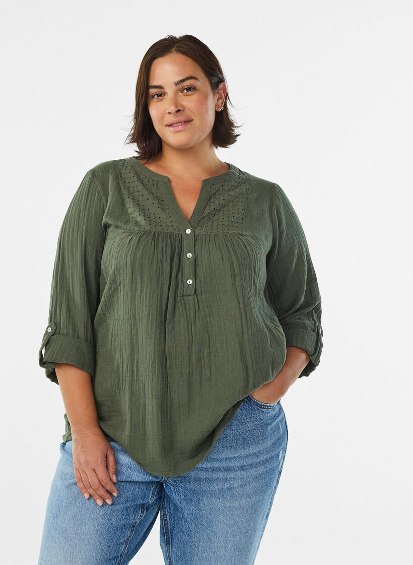 Paita puuvillamusliinissa, jossa broderie anglaise -kirjailu, Vihre&auml;, Model image number 0