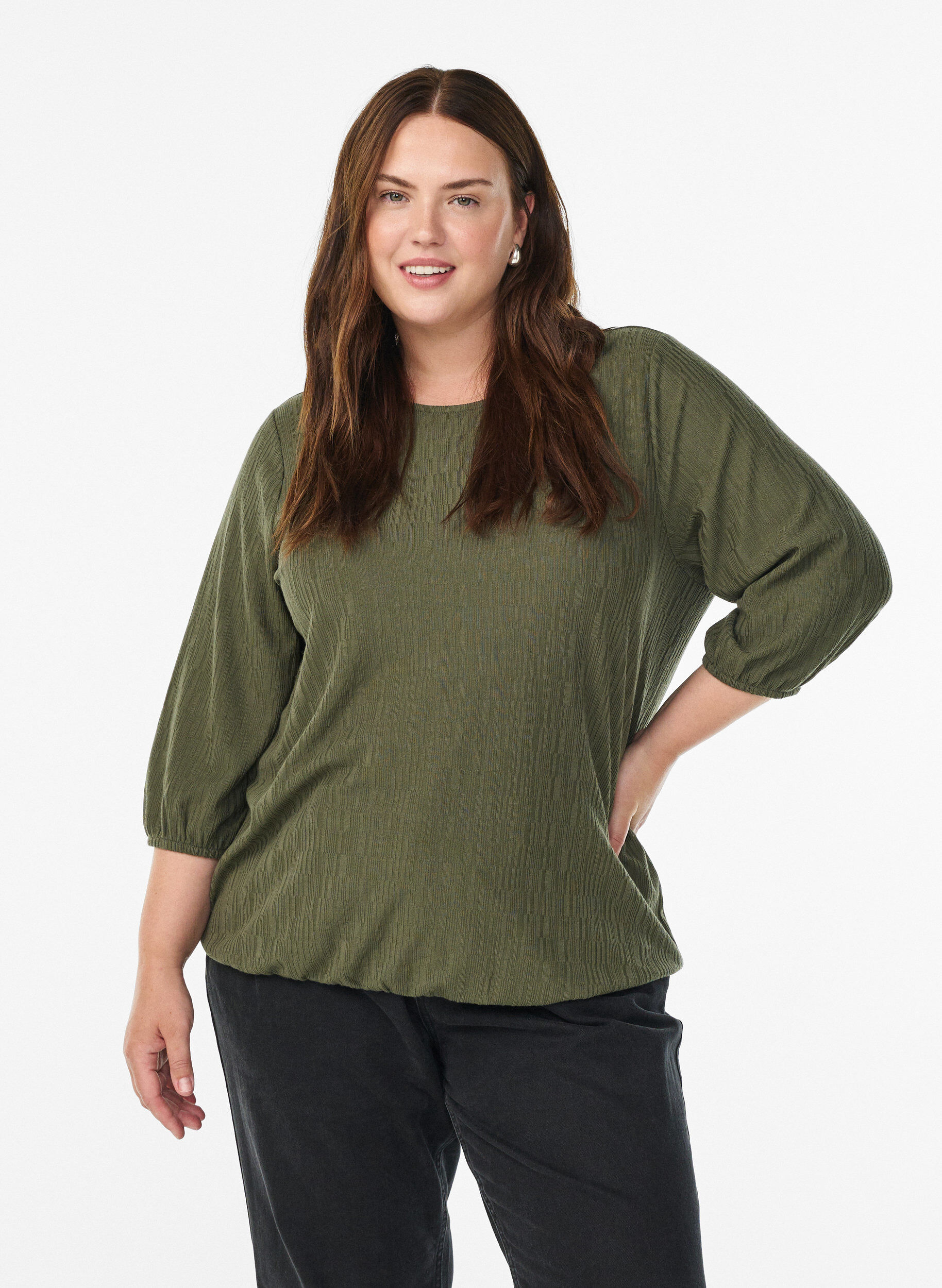 ZizziPusero tekstuurilla ja 3/4-hihoilla, Vihre&auml;, Model image number 0