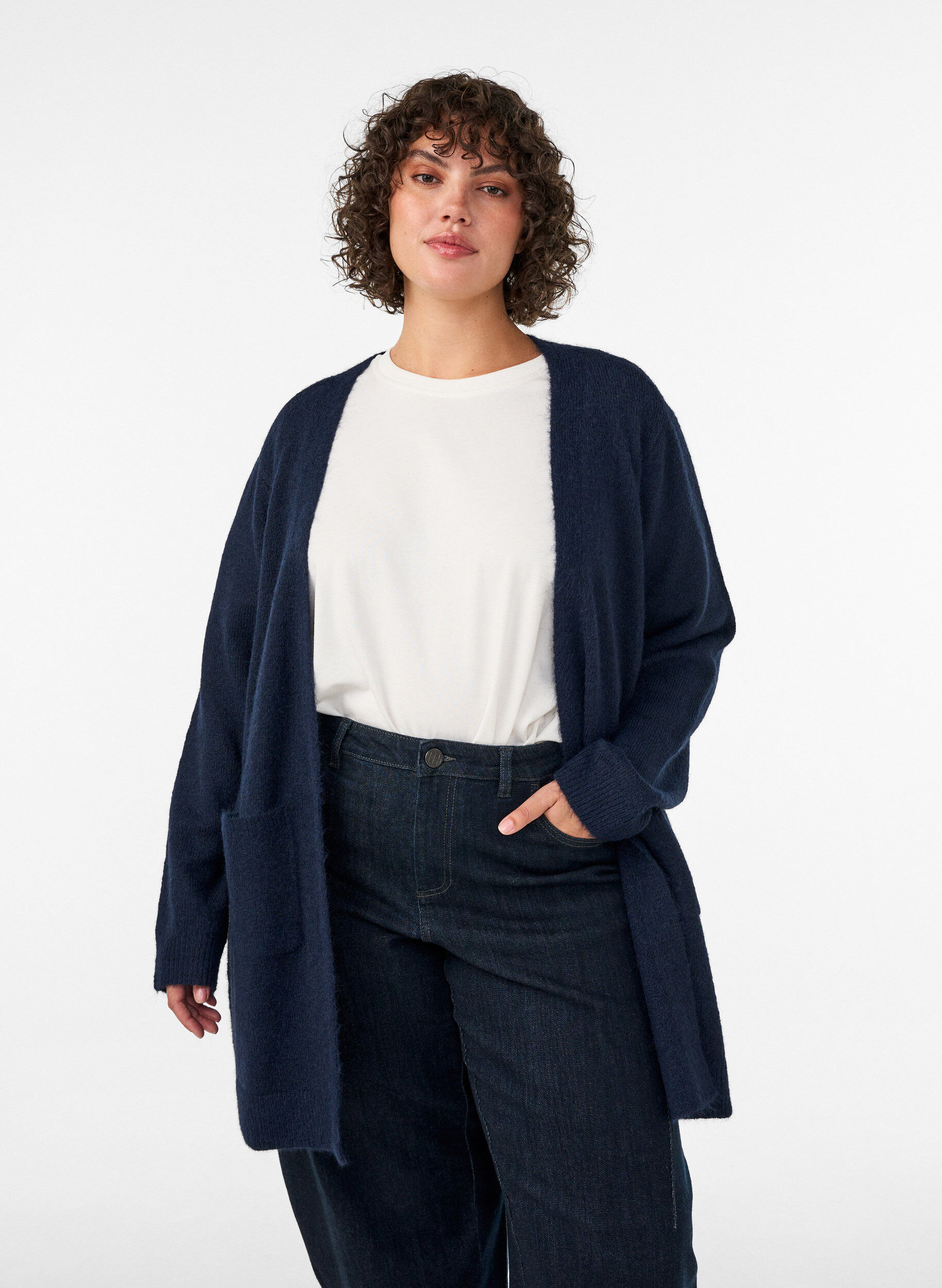 ZizziPitk&auml; neuletakki taskuilla, Sininen, Model image number 0