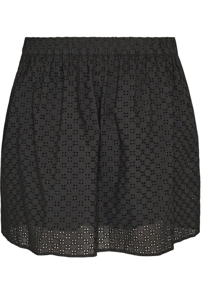 Lyhyt hame broderie anglaise -koristelulla ja joustavalla vy&ouml;t&auml;r&ouml;ll&auml;, Musta, Packshot image number 1