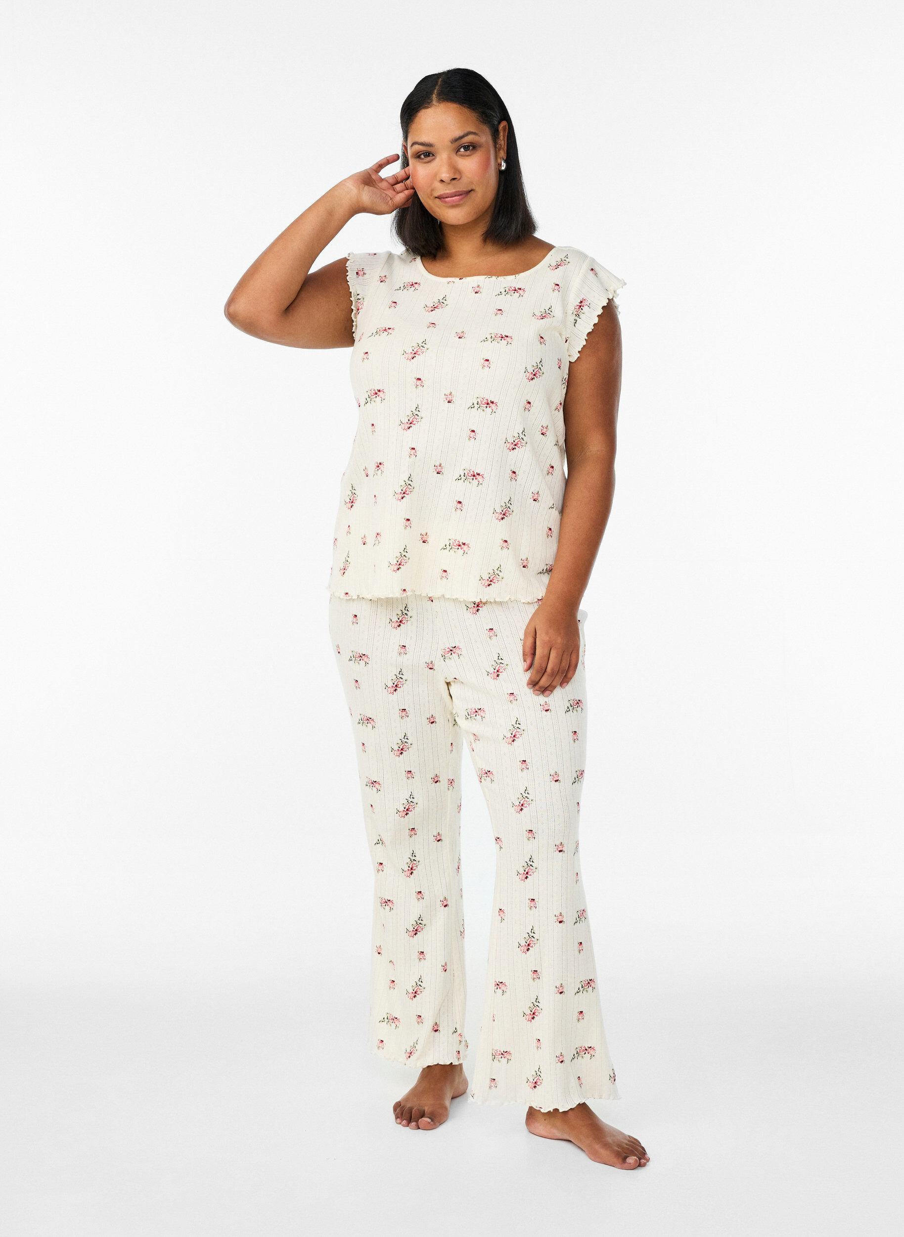 Zizzi Luomupuuvillainen pyjamapaita lyhyill&auml; hihoilla, Vanilja, Model image number 1