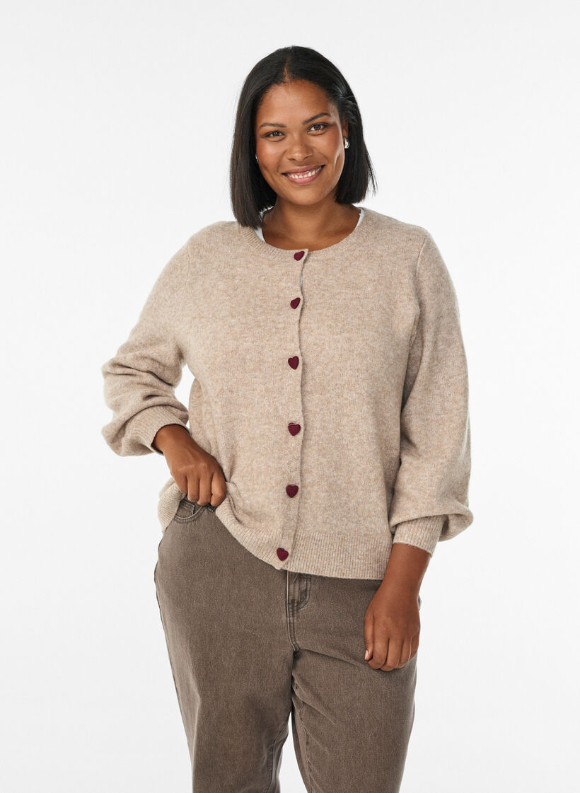 Neuletakki syd&auml;menmuotoisilla napeilla, Beige, Model image number 0